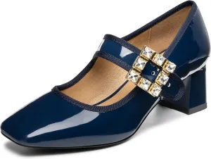 Trary Mary Janes Chunky Mid Heel Pumps, Closed Square Toe Block Heels, Mary Janes Pumps for Women
