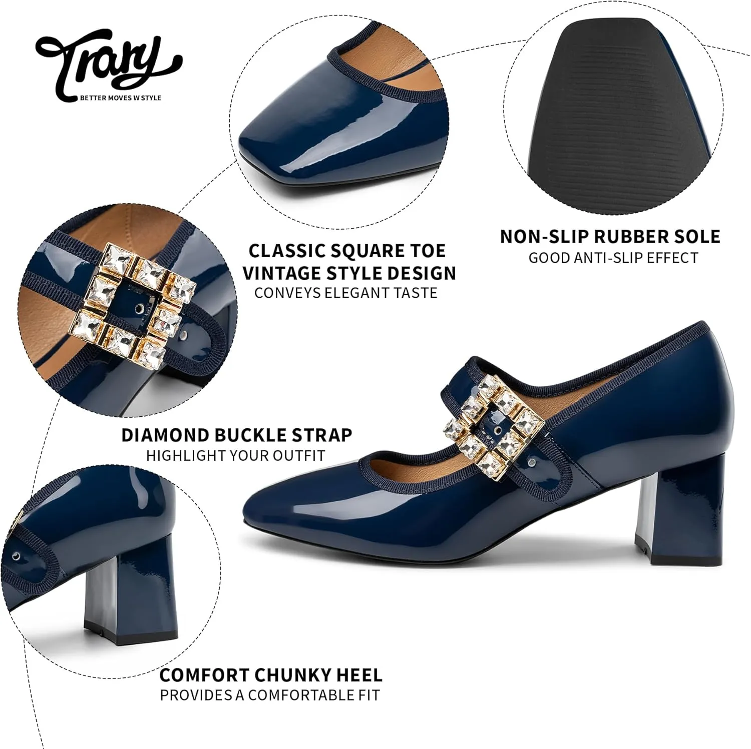 Trary Mary Janes Chunky Mid Heel Pumps, Closed Square Toe Block Heels, Mary Janes Pumps for Women