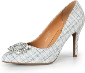 Trary Women's Stiletto High Heels Pumps Wedding Closed Toe Heels Sparkly Rhinestone Sexy Elegant Women's Pumps Party Bridal Dress Shoes for Women with Jewel Buckle