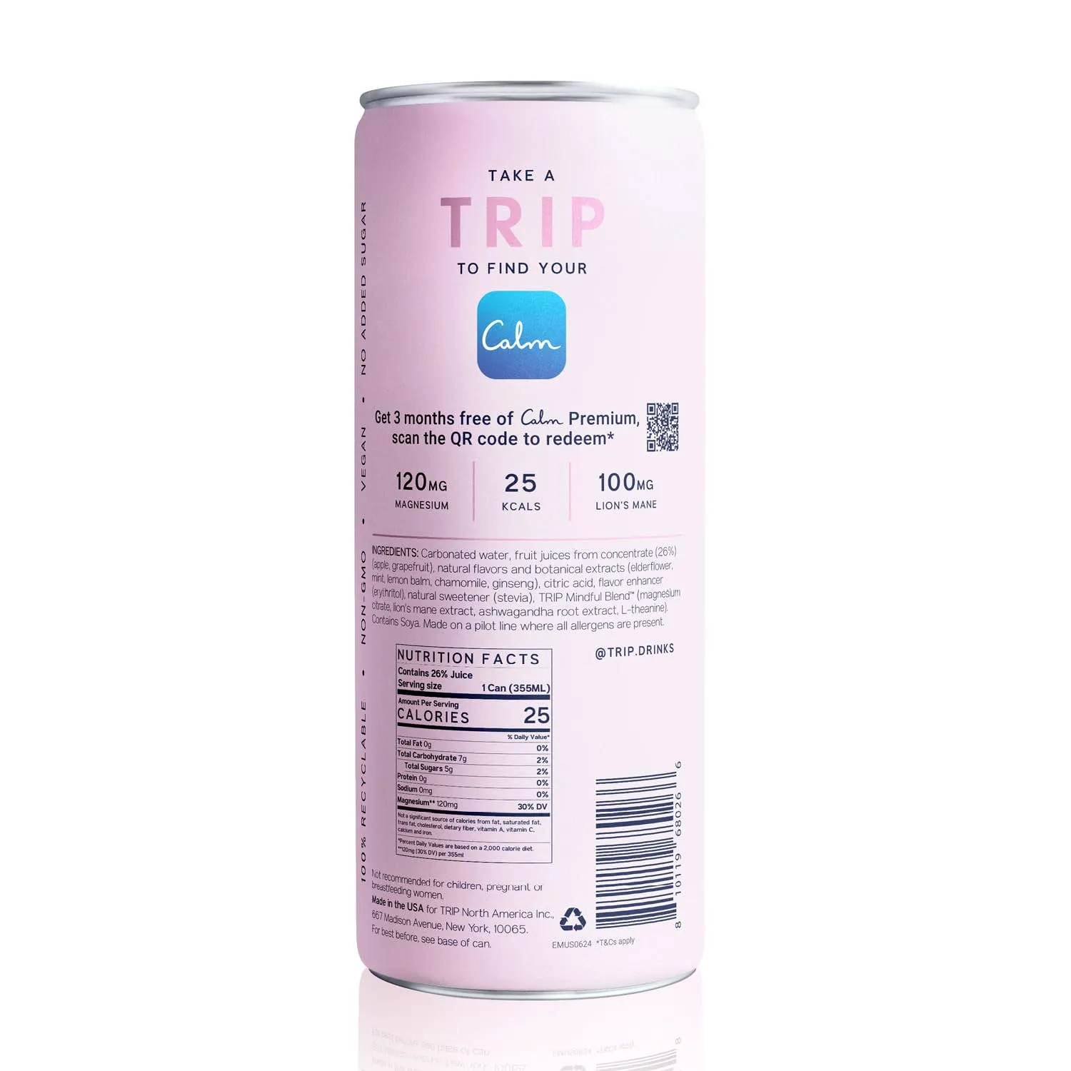 Trip Mindful Blend, Lightly Sparkling Adaptogen Seltzer, Mocktail w/ 120mg Magnesium Citrate with Ashwagandha, Lions Mane & L Theanine, No Added Sugar, Vegan, Elderflower Mint, 12 Oz, 12Pk