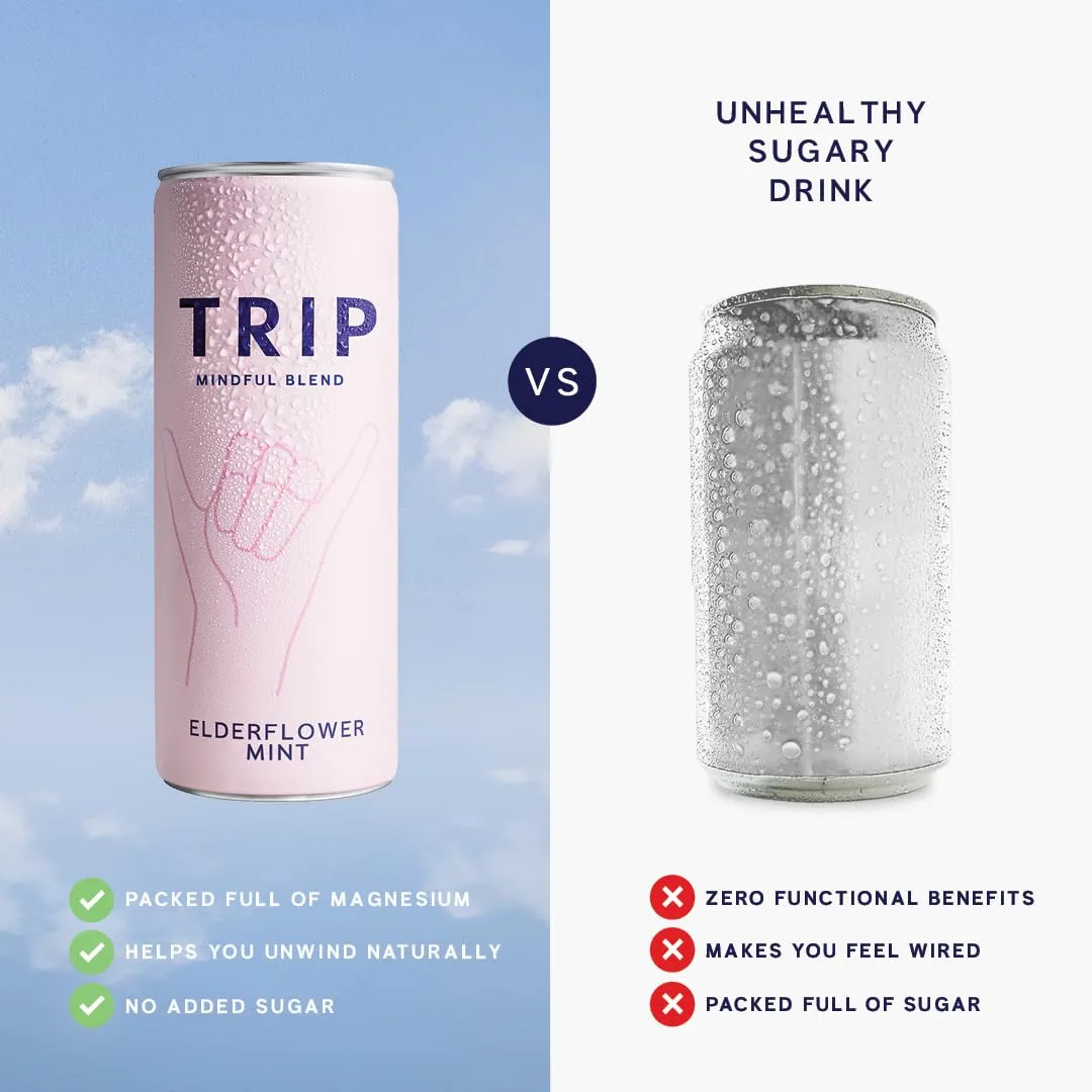 Trip Mindful Blend, Lightly Sparkling Adaptogen Seltzer, Mocktail w/ 120mg Magnesium Citrate with Ashwagandha, Lions Mane & L Theanine, No Added Sugar, Vegan, Elderflower Mint, 12 Oz, 12Pk