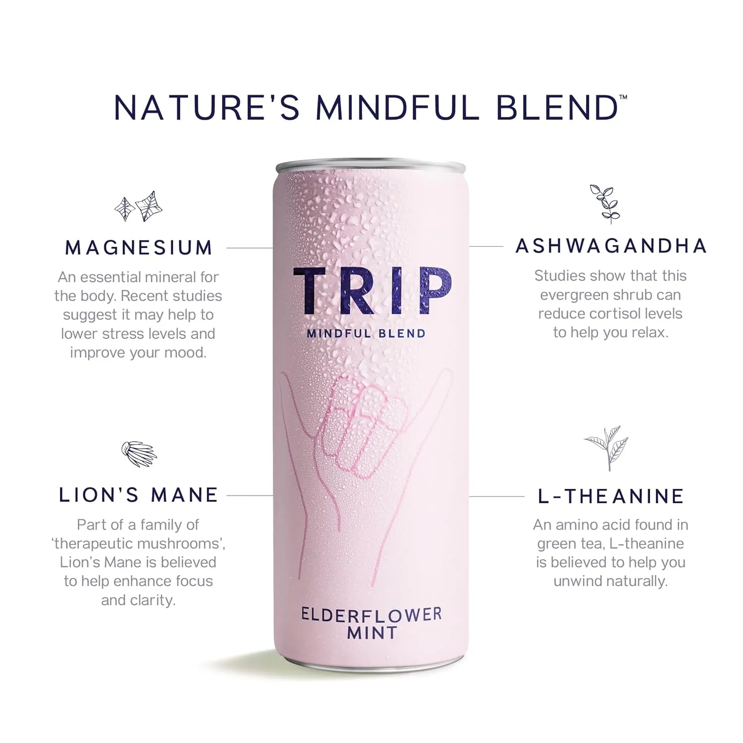 Trip Mindful Blend, Lightly Sparkling Adaptogen Seltzer, Mocktail w/ 120mg Magnesium Citrate with Ashwagandha, Lions Mane & L Theanine, No Added Sugar, Vegan, Elderflower Mint, 12 Oz, 12Pk
