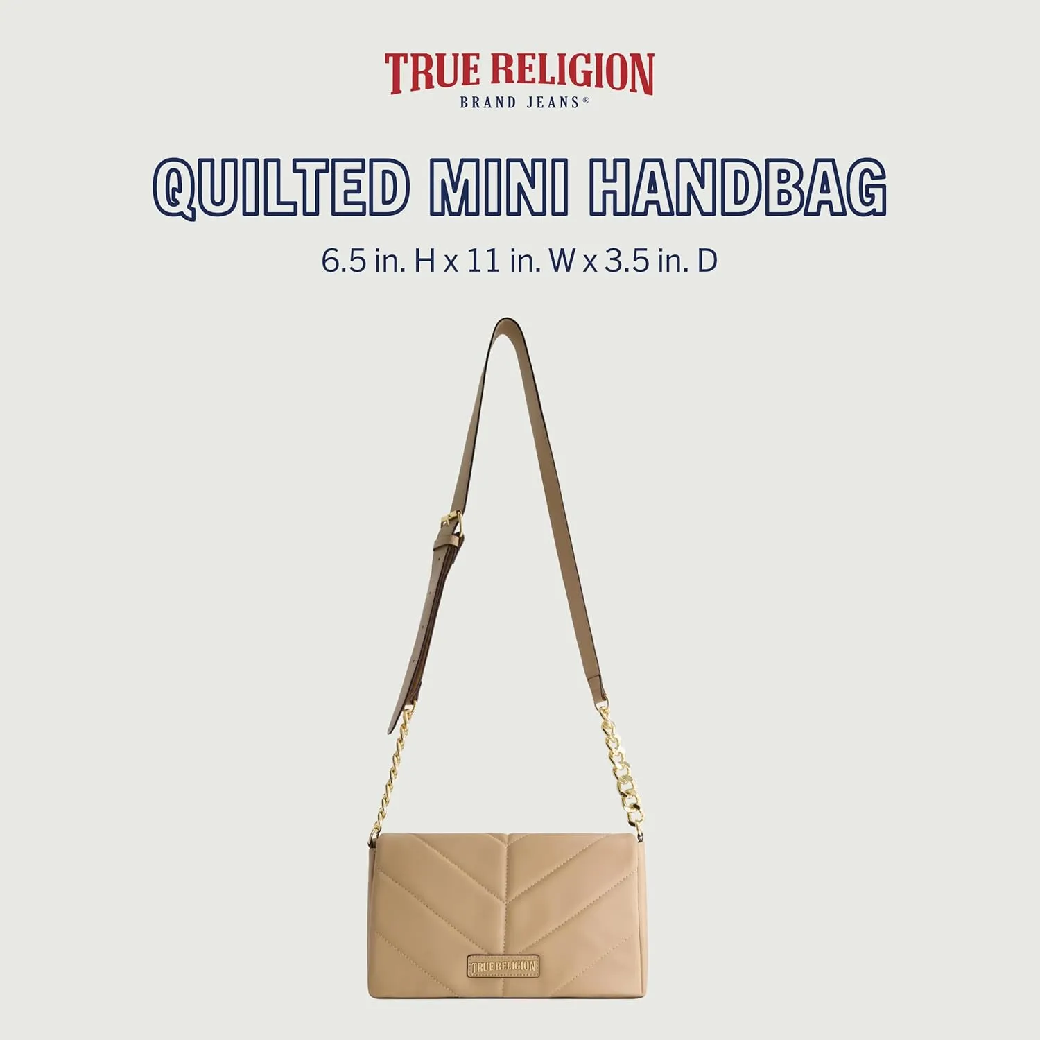 True Religion Women's Crossbody Bag Purse, Quilted Logo Flap Shoulder Handbag with Adjustable Chain Strap