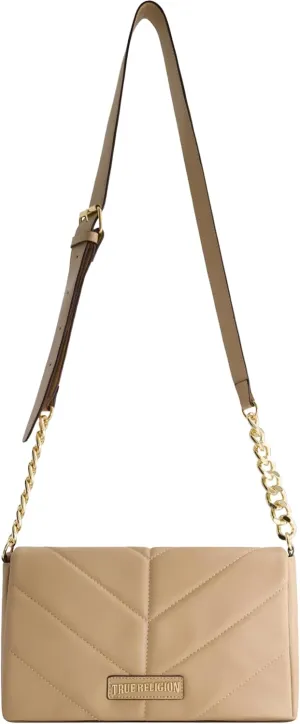 True Religion Women's Crossbody Bag Purse, Quilted Logo Flap Shoulder Handbag with Adjustable Chain Strap