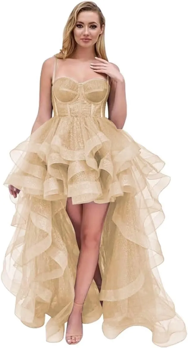 Tulle Prom Dress Spaghetti Straps Ball Gowns High Low Puffy Homecoming Dress Layered Ruffles Princess Dresses