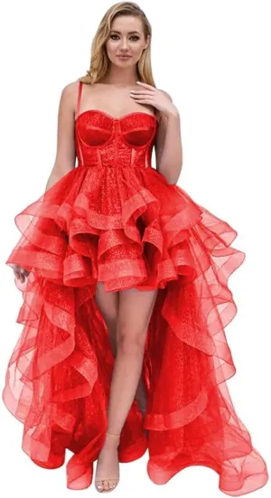 Tulle Prom Dress Spaghetti Straps Ball Gowns High Low Puffy Homecoming Dress Layered Ruffles Princess Dresses