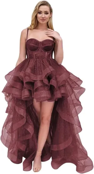Tulle Prom Dress Spaghetti Straps Ball Gowns High Low Puffy Homecoming Dress Layered Ruffles Princess Dresses