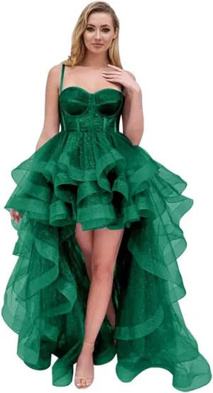 Tulle Prom Dress Spaghetti Straps Ball Gowns High Low Puffy Homecoming Dress Layered Ruffles Princess Dresses