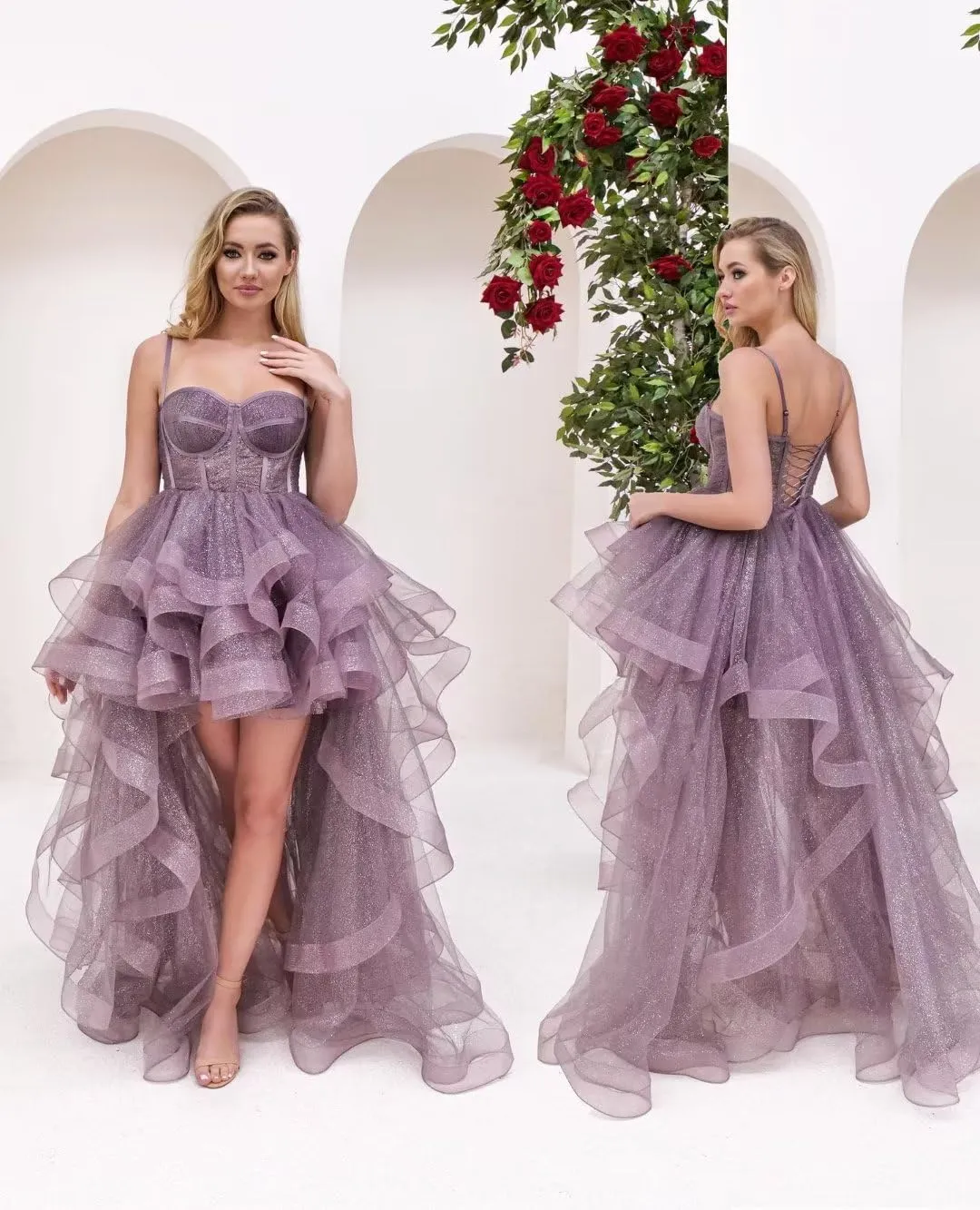 Tulle Prom Dress Spaghetti Straps Ball Gowns High Low Puffy Homecoming Dress Layered Ruffles Princess Dresses
