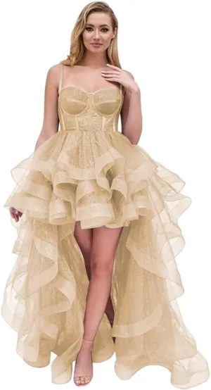 Tulle Prom Dress Spaghetti Straps Ball Gowns High Low Puffy Homecoming Dress Layered Ruffles Princess Dresses