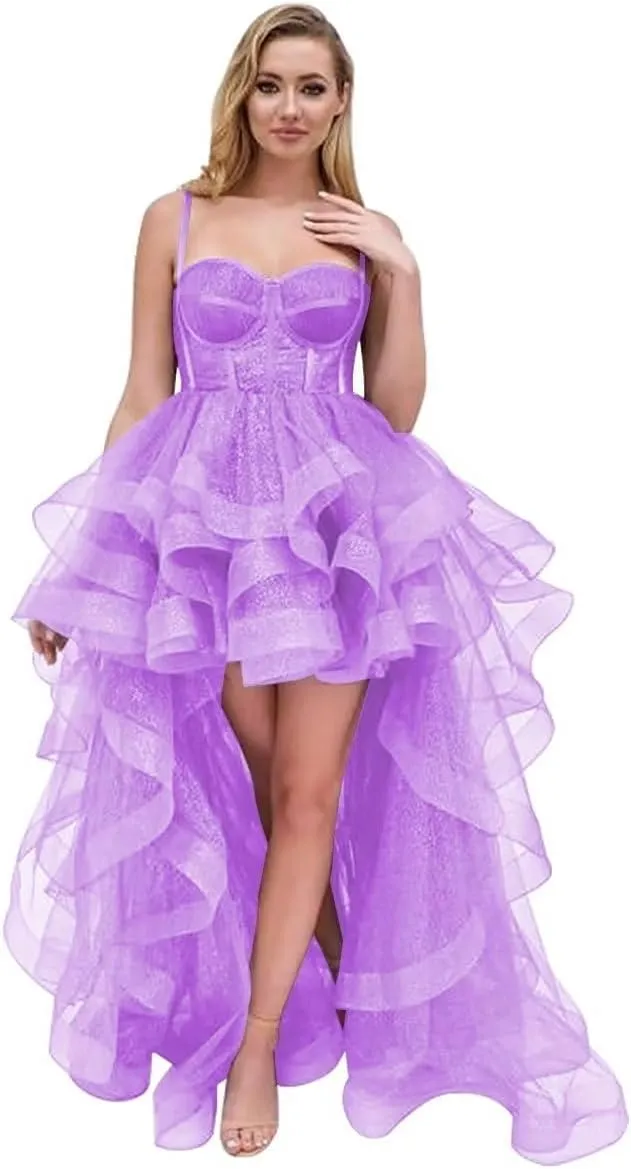 Tulle Prom Dress Spaghetti Straps Ball Gowns High Low Puffy Homecoming Dress Layered Ruffles Princess Dresses