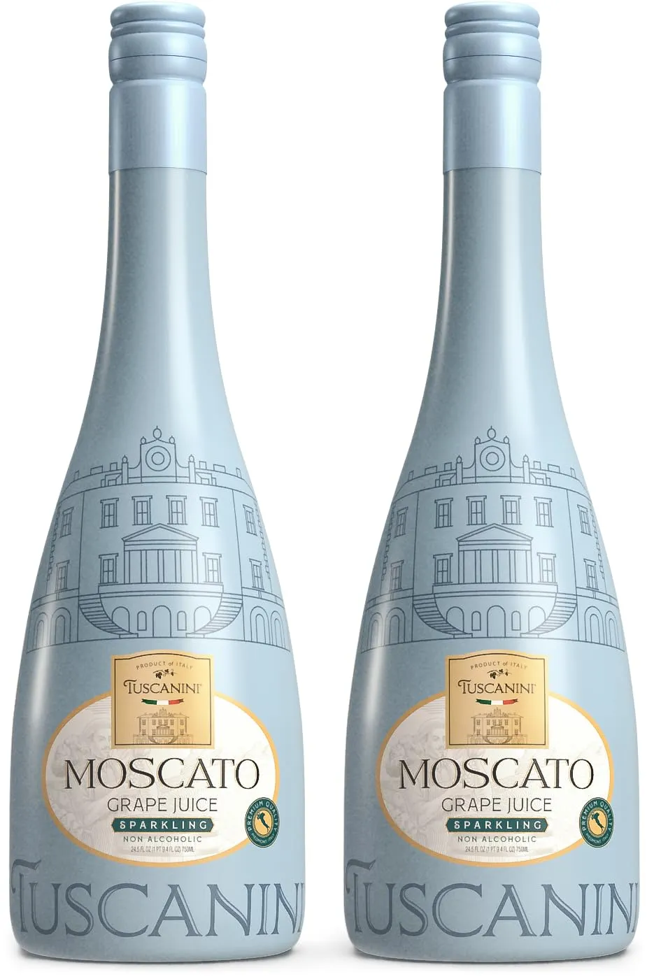 Tuscanini Sparkling Moscato Grape Juice, 25.3oz (2 Pack) | Non Alcoholic Italian Moscato | Elegant Champagne Bottle | Imported from Italy | Great for Cocktails | Kosher