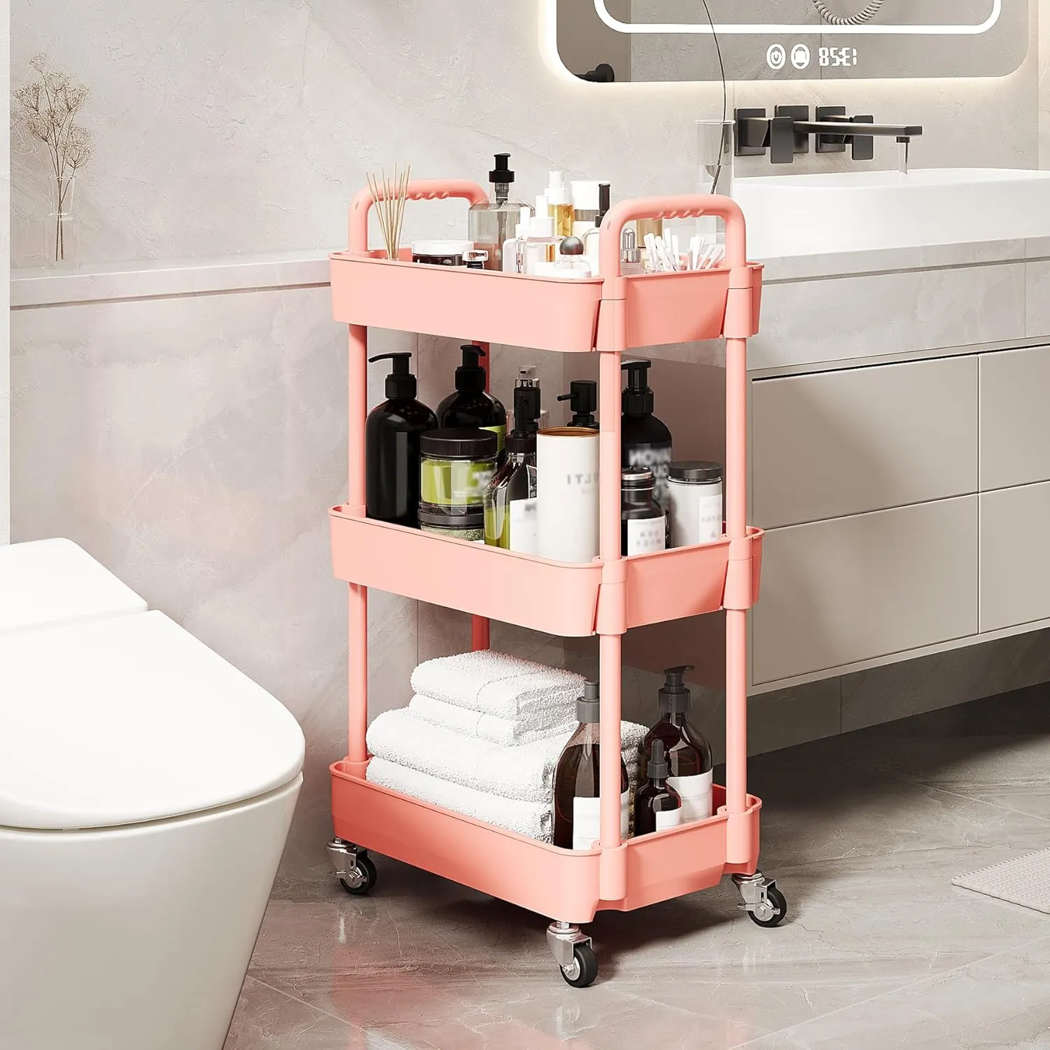 UDEAR 3-Tier Rolling Utility Cart with 12 Category Labels,Multifunctional Storage Shelves with Handle and Lockable Wheels for Room,Office,Kitchen,Bathroom,Pink