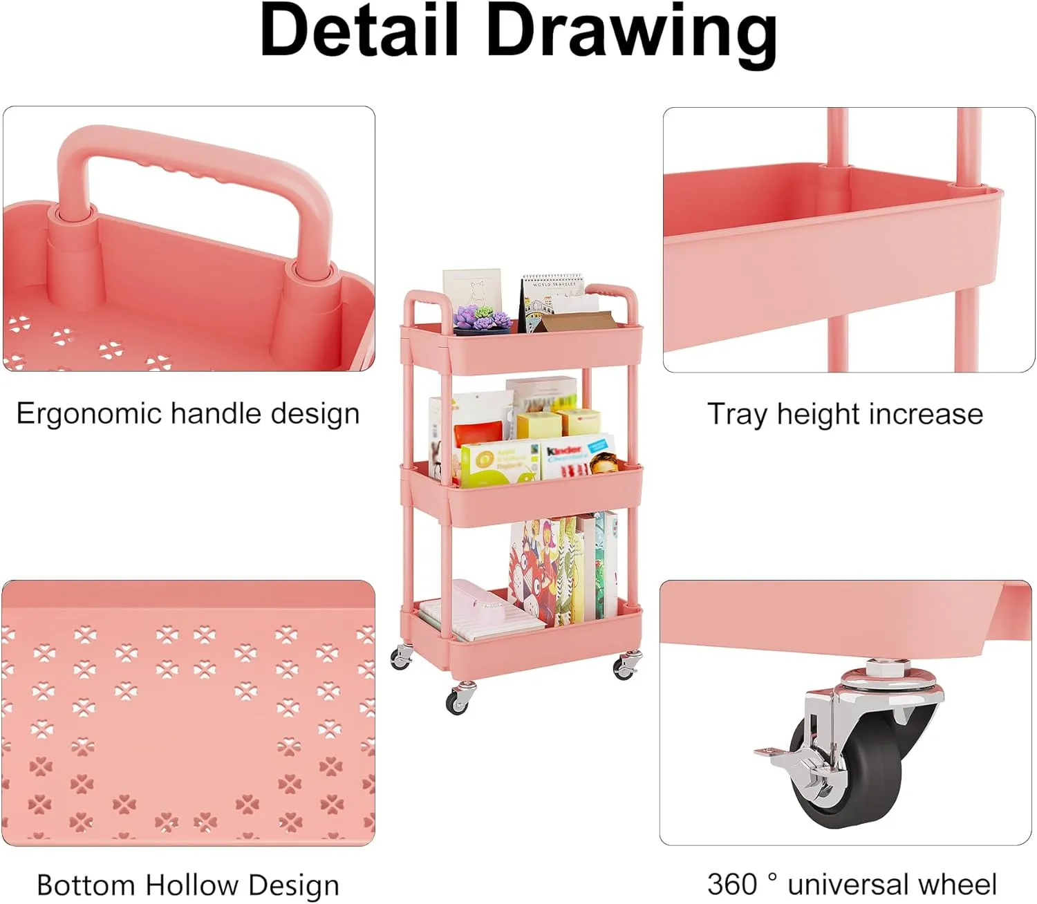 UDEAR 3-Tier Rolling Utility Cart with 12 Category Labels,Multifunctional Storage Shelves with Handle and Lockable Wheels for Room,Office,Kitchen,Bathroom,Pink