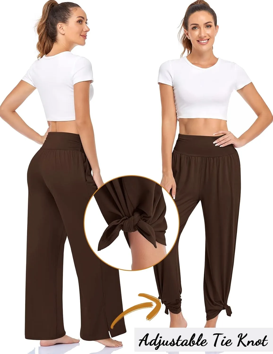 UEU Womens Wide Leg Yoga Pants High Waisted Adjustable Tie Knot Joggers Casual Loose Plus Size Lounge Sweatpants with Pockets