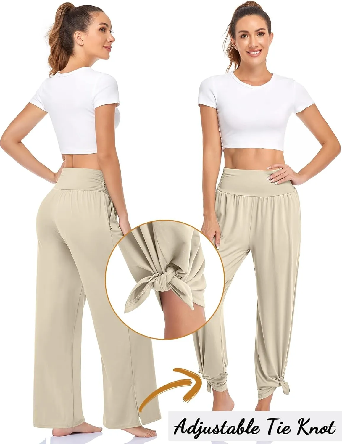 UEU Womens Wide Leg Yoga Pants High Waisted Adjustable Tie Knot Joggers Casual Loose Plus Size Lounge Sweatpants with Pockets