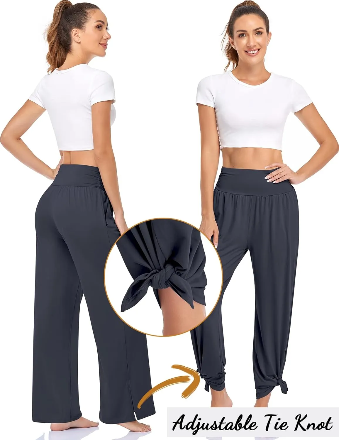 UEU Womens Wide Leg Yoga Pants High Waisted Adjustable Tie Knot Joggers Casual Loose Plus Size Lounge Sweatpants with Pockets