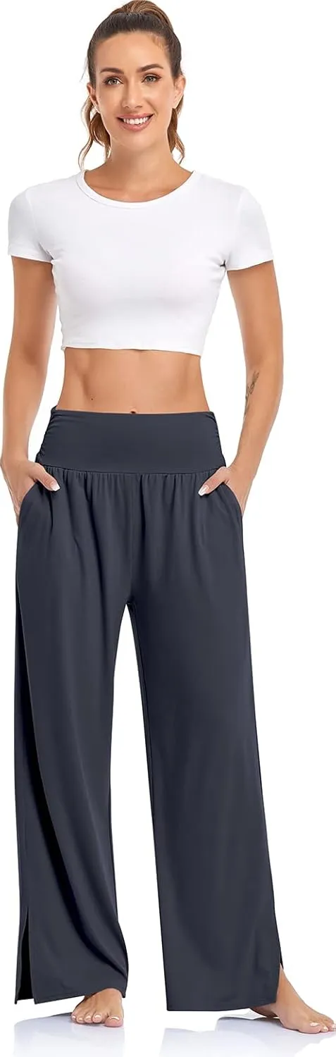 UEU Womens Wide Leg Yoga Pants High Waisted Adjustable Tie Knot Joggers Casual Loose Plus Size Lounge Sweatpants with Pockets