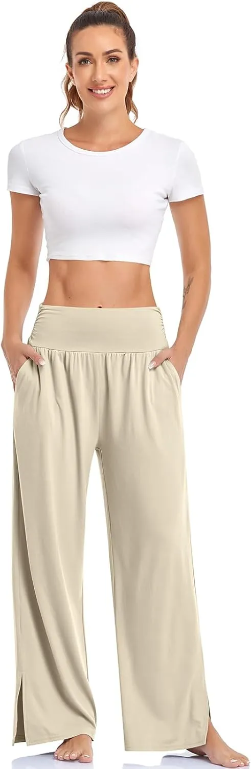UEU Womens Wide Leg Yoga Pants High Waisted Adjustable Tie Knot Joggers Casual Loose Plus Size Lounge Sweatpants with Pockets