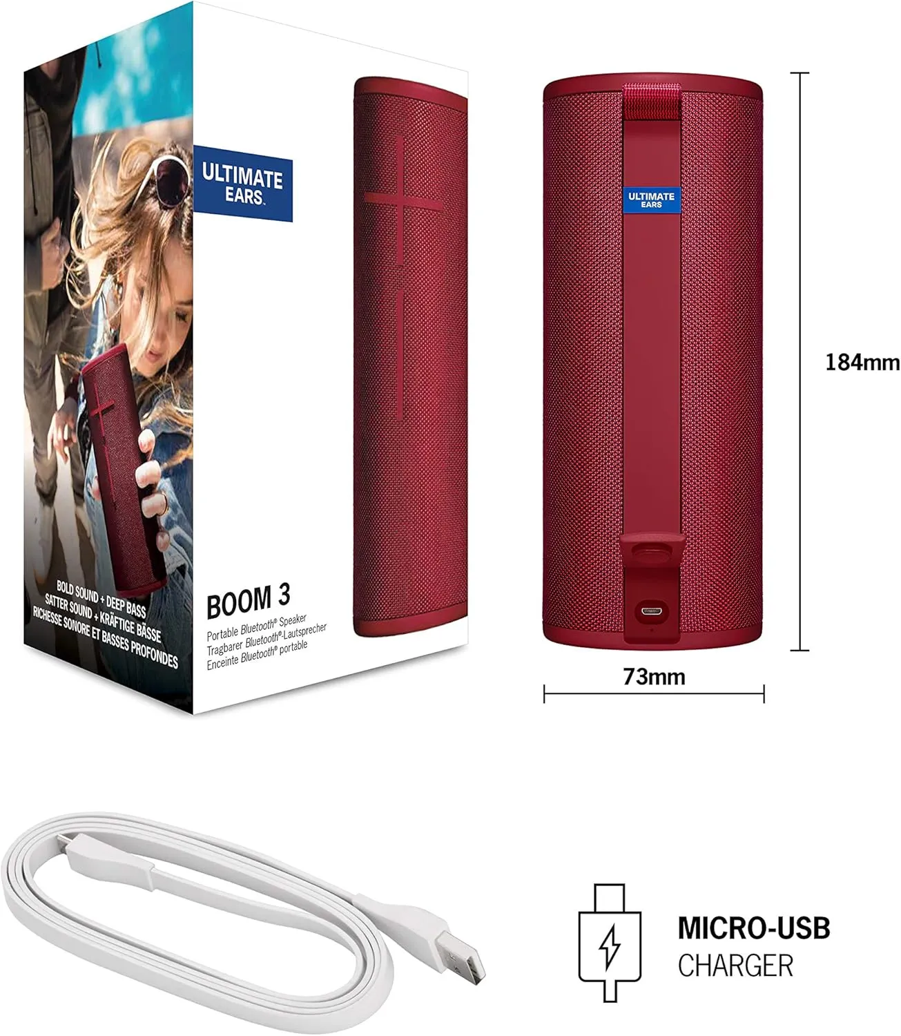 Ultimate Ears Boom 3 Wireless Bluetooth Speaker, Bold Sound   Deep Bass, Bluetooth, Magic Button, Waterproof, 15 Hours Battery, Range of 150 ft, Sunset Red