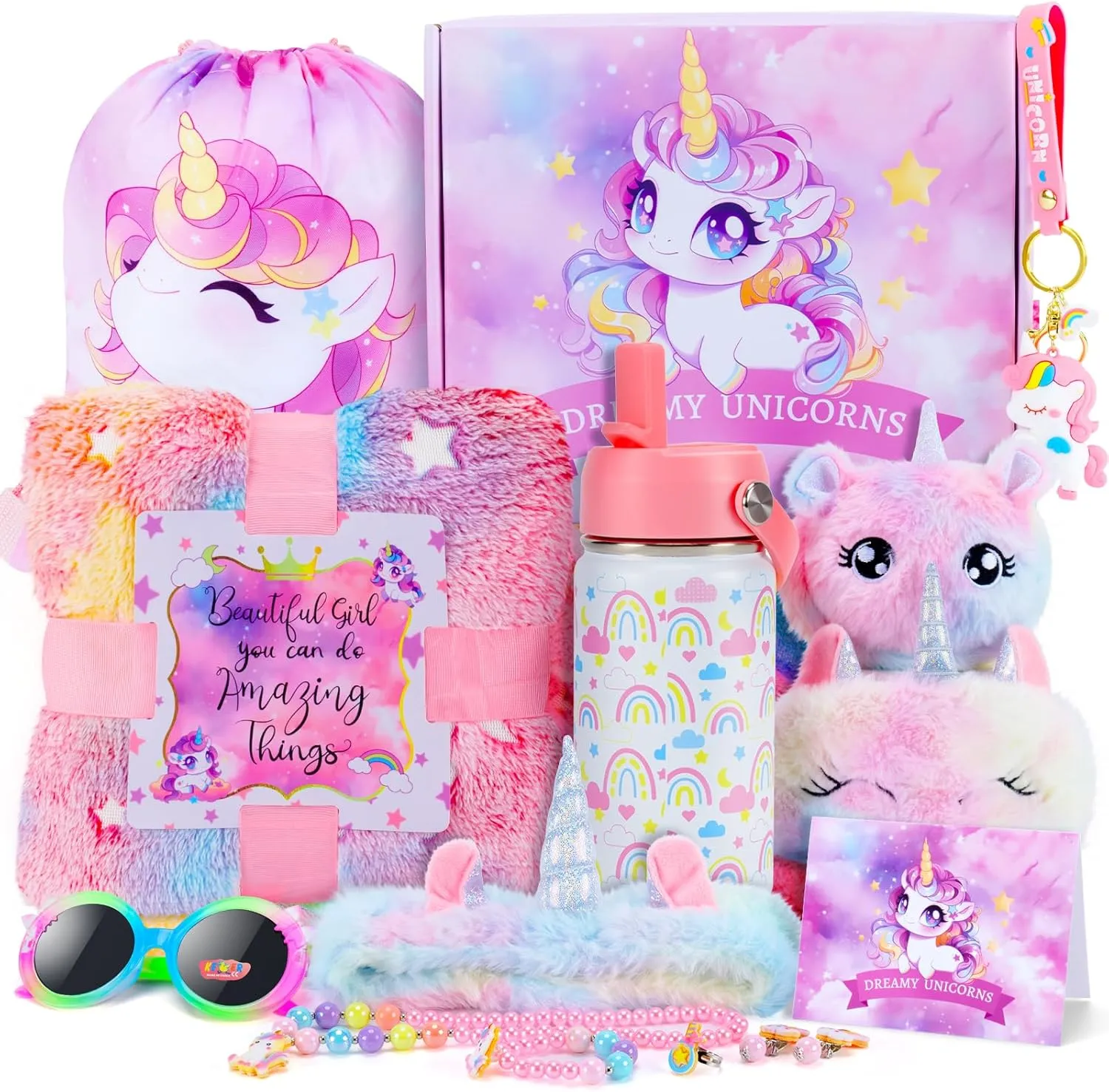 Unicorn Toys for Girls, Kids Gifts with Glowing Blanket, Water Bottle, Eye Mask, Headband, Crossbody Bag, Sunglasses - 12PCS Birthday Gift Toys for Girls 6-10 