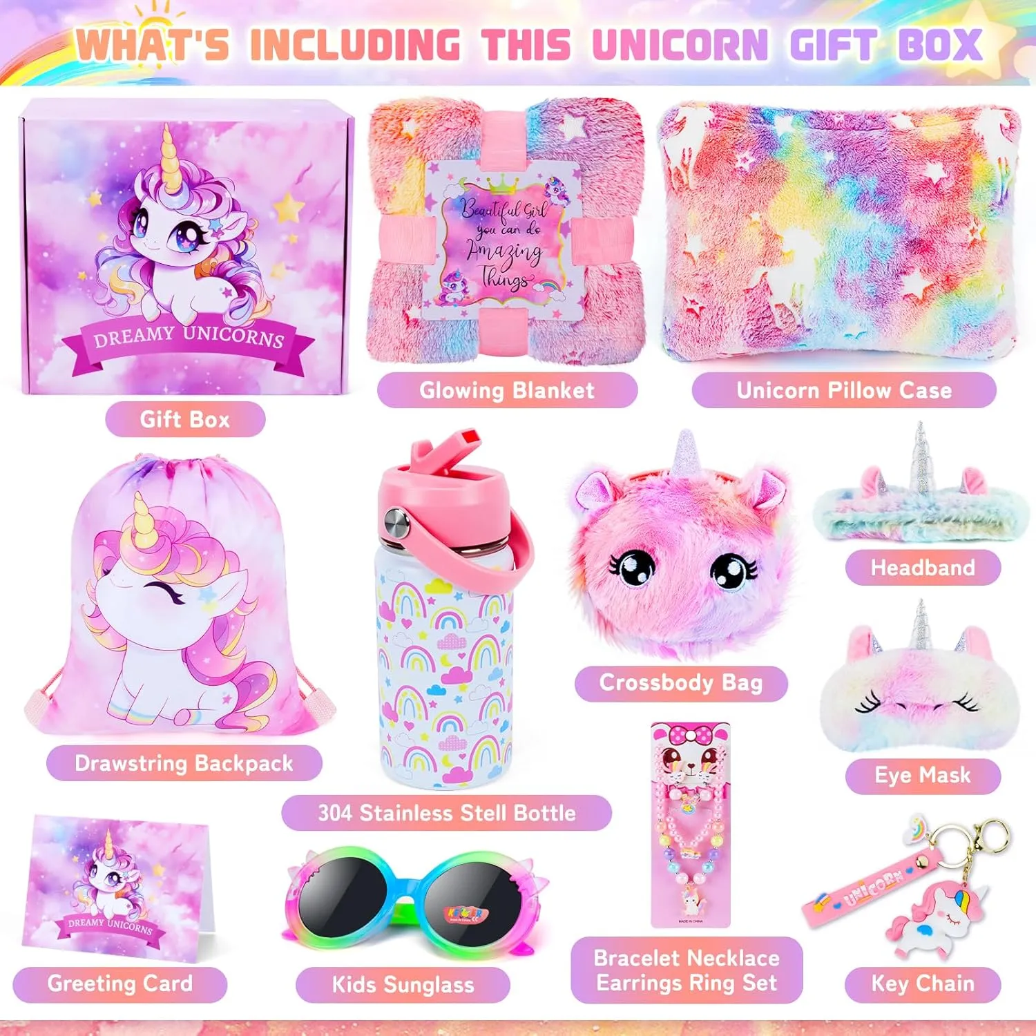 Unicorn Toys for Girls, Kids Gifts with Glowing Blanket, Water Bottle, Eye Mask, Headband, Crossbody Bag, Sunglasses - 12PCS Birthday Gift Toys for Girls 6-10 