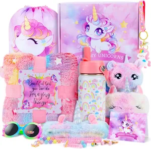 Unicorn Toys for Girls, Kids Gifts with Glowing Blanket, Water Bottle, Eye Mask, Headband, Crossbody Bag, Sunglasses - 12PCS Birthday Gift Toys for Girls 6-10 
