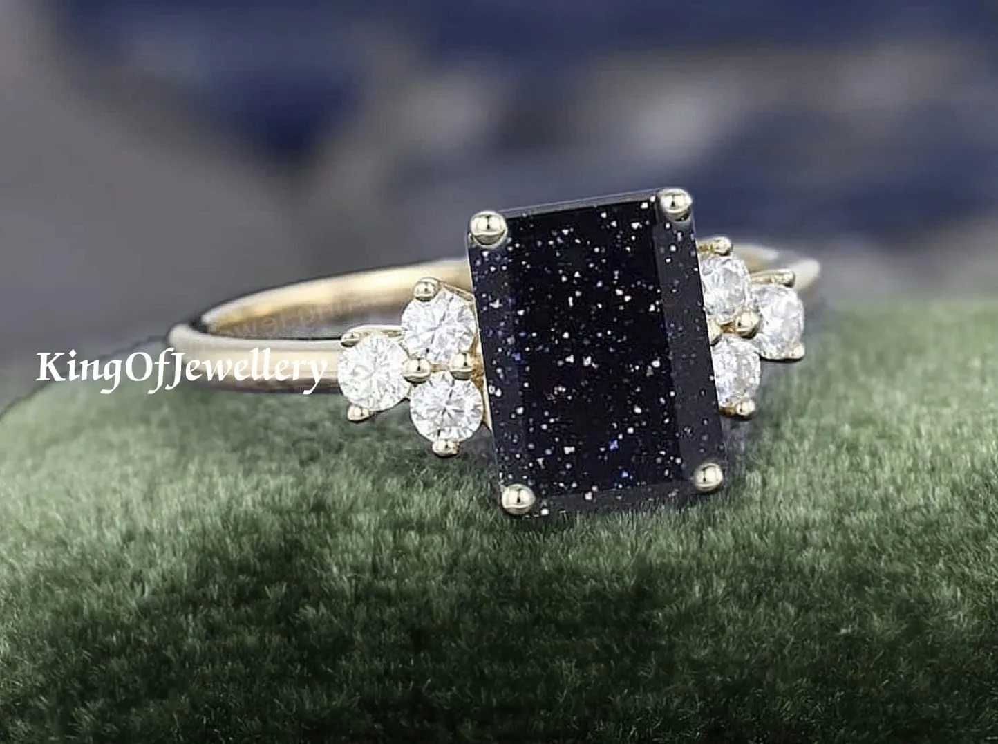 Unique 3 Cz & Emerald Cut Blue Sandstone Engagement/Wedding Ring, Dainty Ring, Anniversary Ring, Bridal Ring, Vintage Ring, Best Gift For Her, Sterling Silver Ring, Stacking Ring