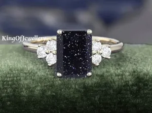Unique 3 Cz & Emerald Cut Blue Sandstone Engagement/Wedding Ring, Dainty Ring, Anniversary Ring, Bridal Ring, Vintage Ring, Best Gift For Her, Sterling Silver Ring, Stacking Ring