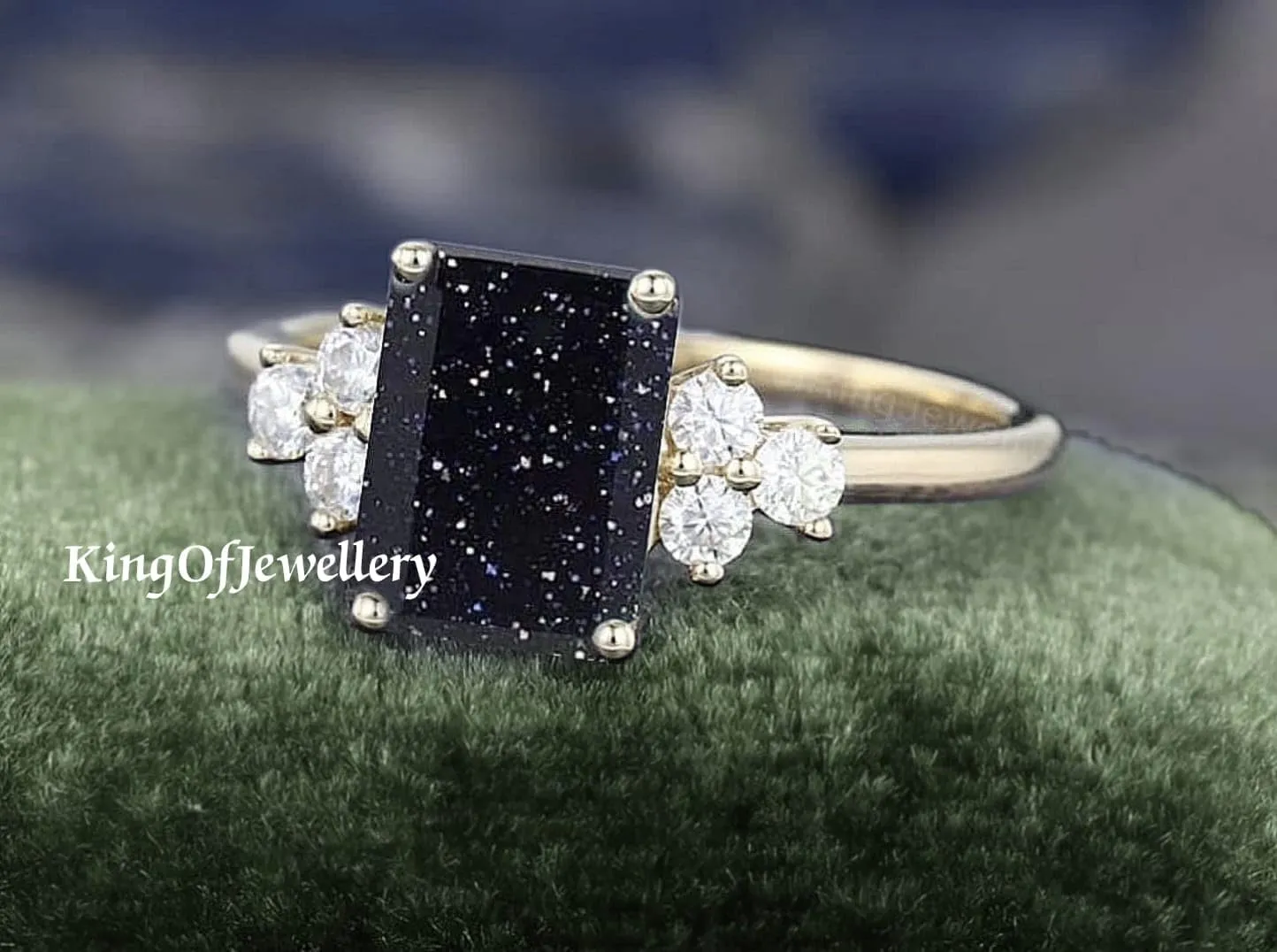 Unique 3 Cz & Emerald Cut Blue Sandstone Engagement/Wedding Ring, Dainty Ring, Anniversary Ring, Bridal Ring, Vintage Ring, Best Gift For Her, Sterling Silver Ring, Stacking Ring