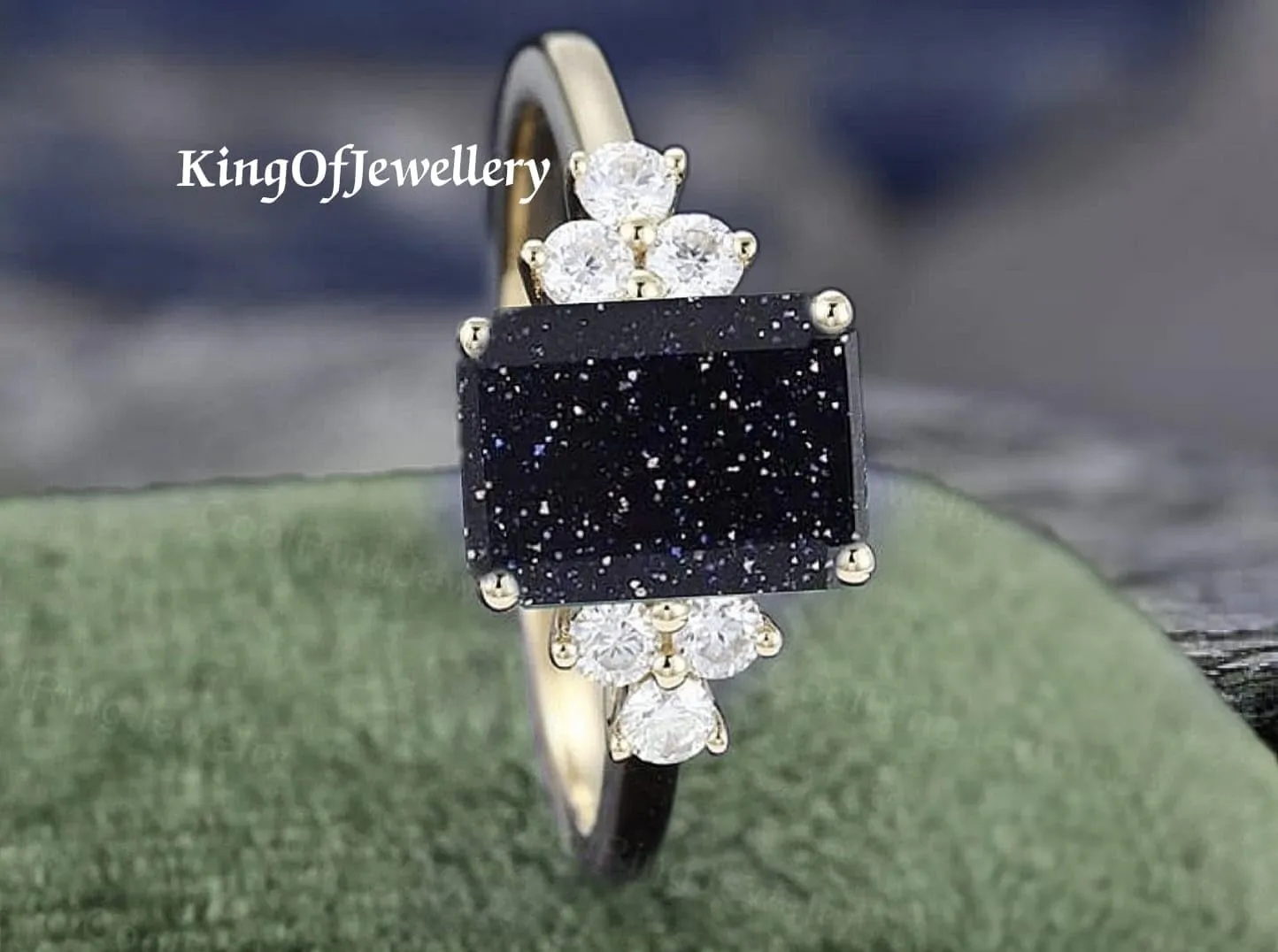 Unique 3 Cz & Emerald Cut Blue Sandstone Engagement/Wedding Ring, Dainty Ring, Anniversary Ring, Bridal Ring, Vintage Ring, Best Gift For Her, Sterling Silver Ring, Stacking Ring