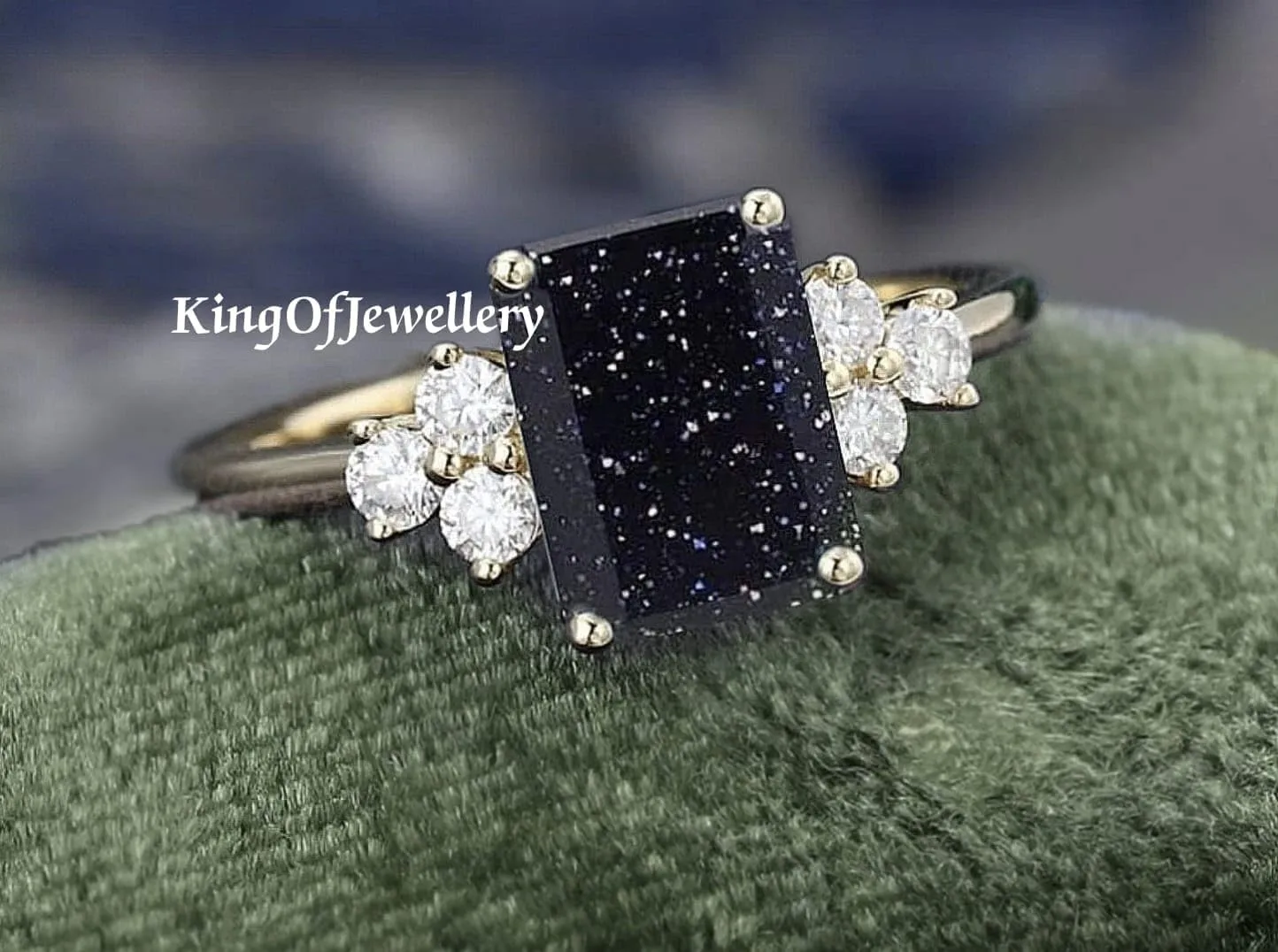Unique 3 Cz & Emerald Cut Blue Sandstone Engagement/Wedding Ring, Dainty Ring, Anniversary Ring, Bridal Ring, Vintage Ring, Best Gift For Her, Sterling Silver Ring, Stacking Ring