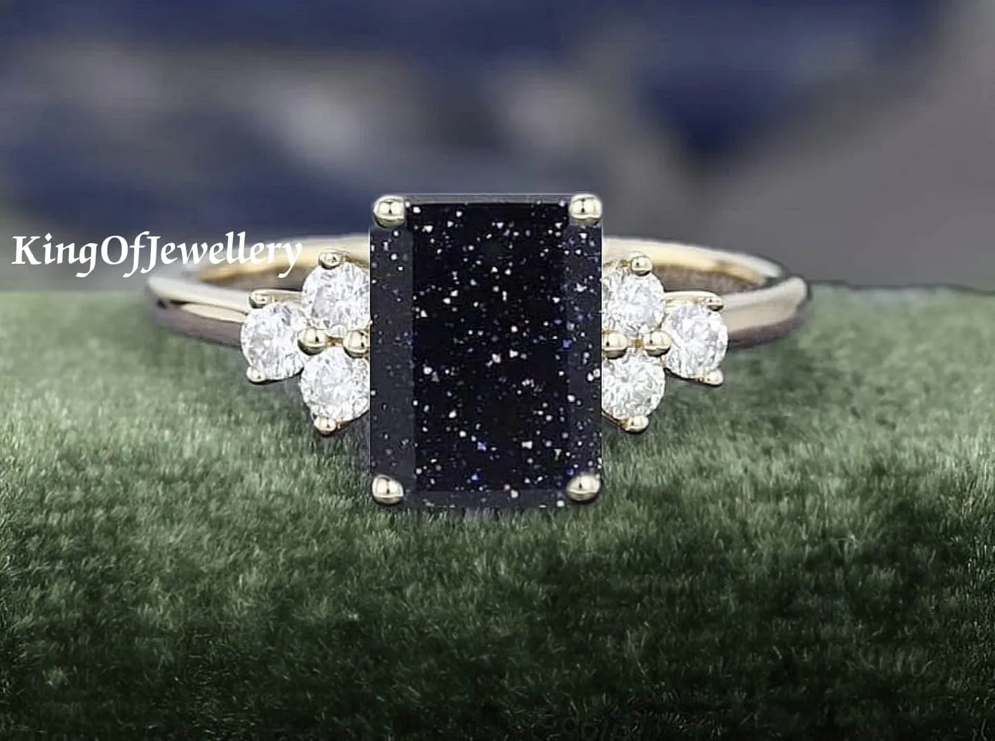 Unique 3 Cz & Emerald Cut Blue Sandstone Engagement/Wedding Ring, Dainty Ring, Anniversary Ring, Bridal Ring, Vintage Ring, Best Gift For Her, Sterling Silver Ring, Stacking Ring