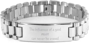 Unique Pilot Stainless Steel Bracelet - The Influence of a Good Pilot Can Never Be Erased - Inspirational Gifts for Aviators and Aviation Enthusiasts, Graduation, Christmas, Birthday
