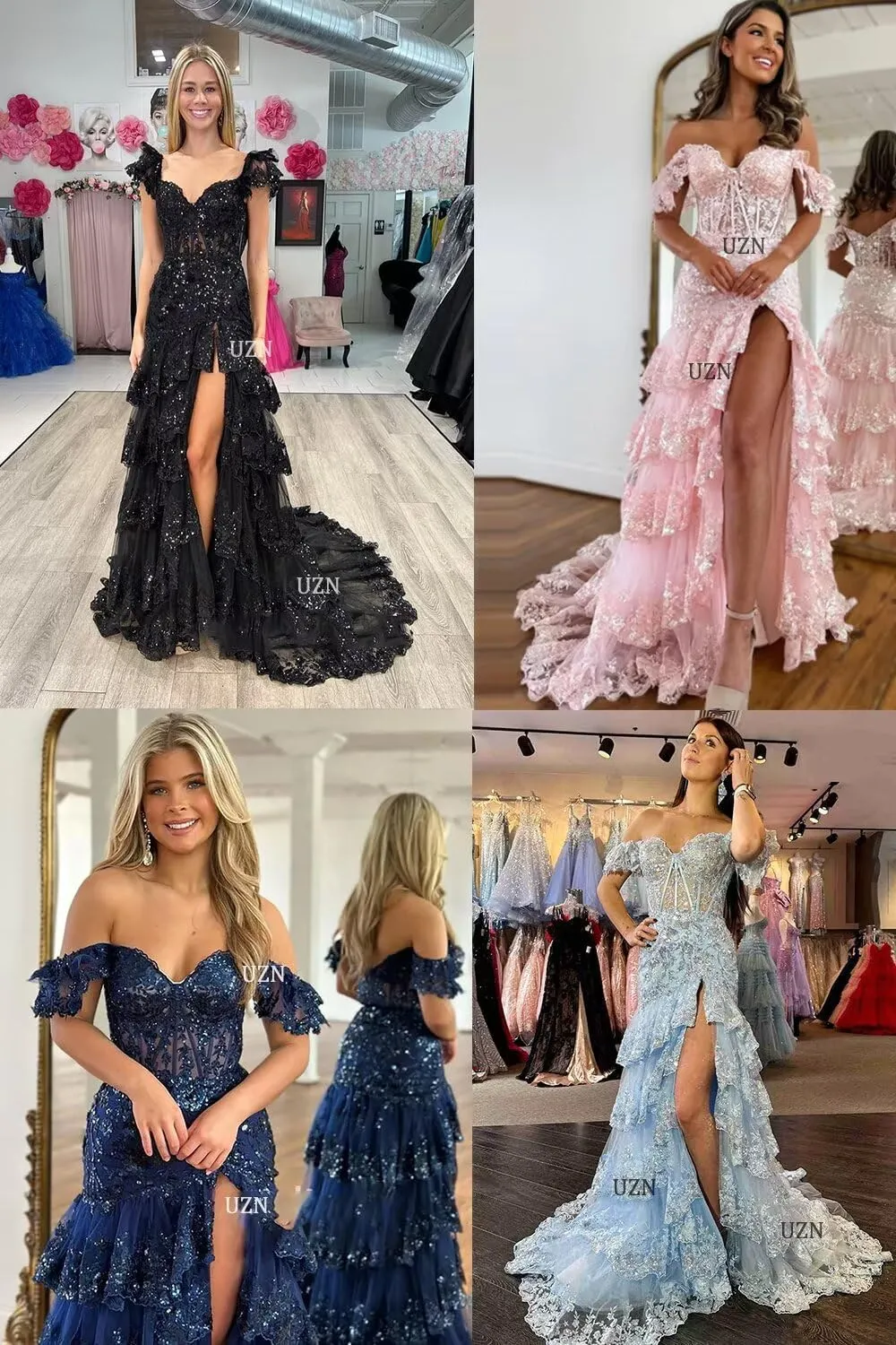 UZN Off Shoulder Tiered Tulle Prom Dresses Long Mermaid Lace with Slit Formal Evening Party Gowns