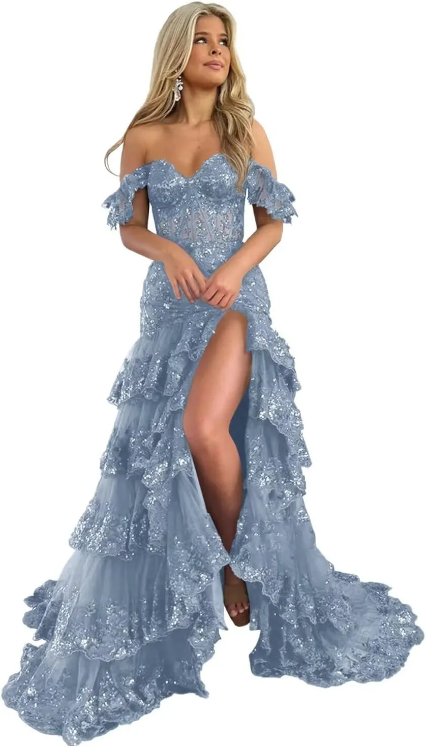 UZN Off Shoulder Tiered Tulle Prom Dresses Long Mermaid Lace with Slit Formal Evening Party Gowns