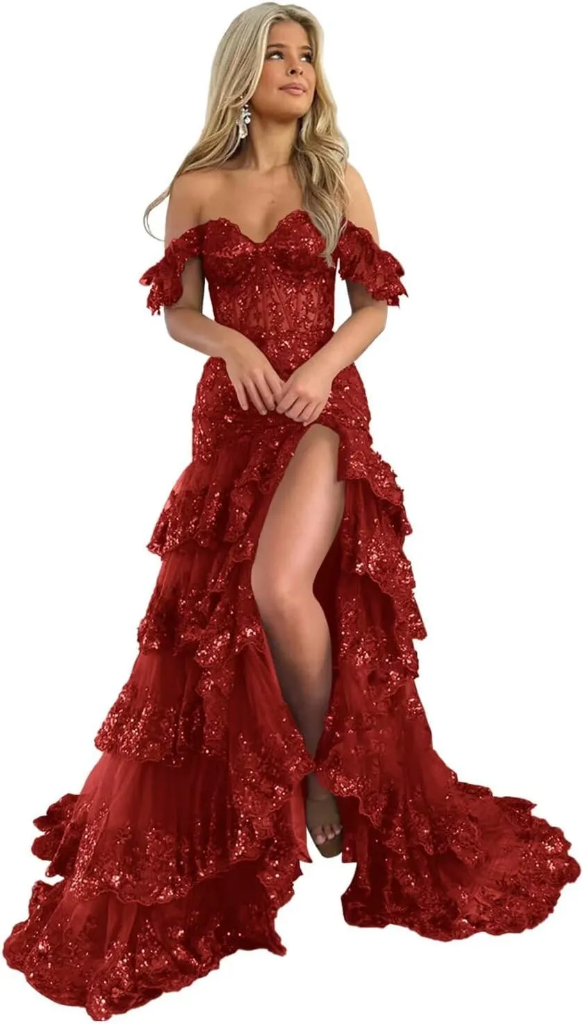 UZN Off Shoulder Tiered Tulle Prom Dresses Long Mermaid Lace with Slit Formal Evening Party Gowns