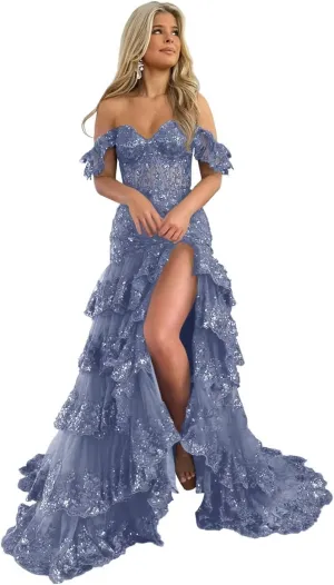 UZN Off Shoulder Tiered Tulle Prom Dresses Long Mermaid Lace with Slit Formal Evening Party Gowns