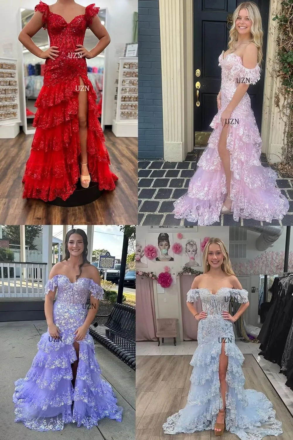 UZN Off Shoulder Tiered Tulle Prom Dresses Long Mermaid Lace with Slit Formal Evening Party Gowns