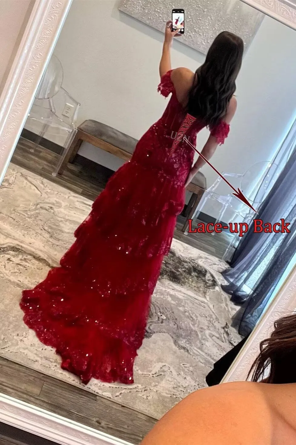 UZN Off Shoulder Tiered Tulle Prom Dresses Long Mermaid Lace with Slit Formal Evening Party Gowns