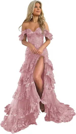 UZN Off Shoulder Tiered Tulle Prom Dresses Long Mermaid Lace with Slit Formal Evening Party Gowns