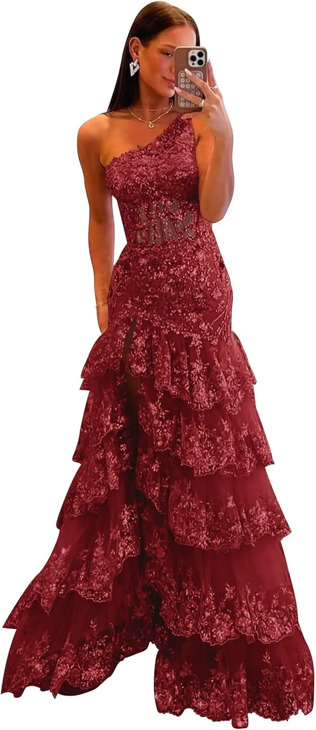 UZN One Shoulder Tiered Lace Tulle Prom Dress Long Split Mermaid Evening Formal Party Gowns
