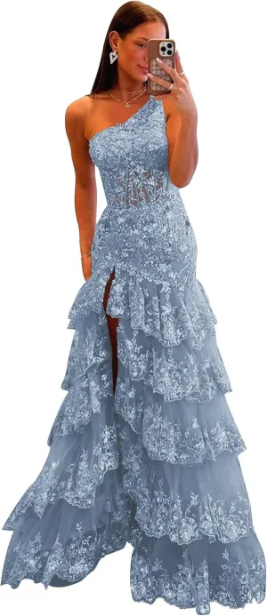 UZN One Shoulder Tiered Lace Tulle Prom Dress Long Split Mermaid Evening Formal Party Gowns