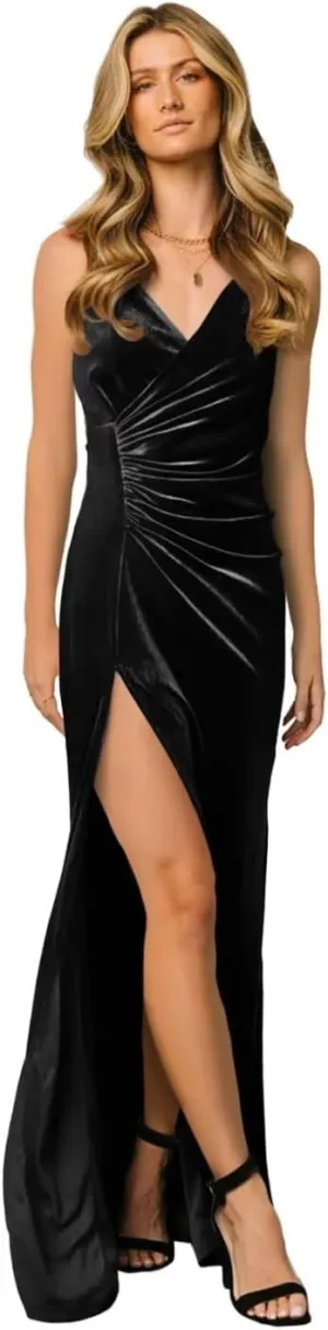 UZN Velvet Maxi Bridesmaid Dresses Wrap Long with Slit V-Neck Spaghetti Straps Formal Party Gowns
