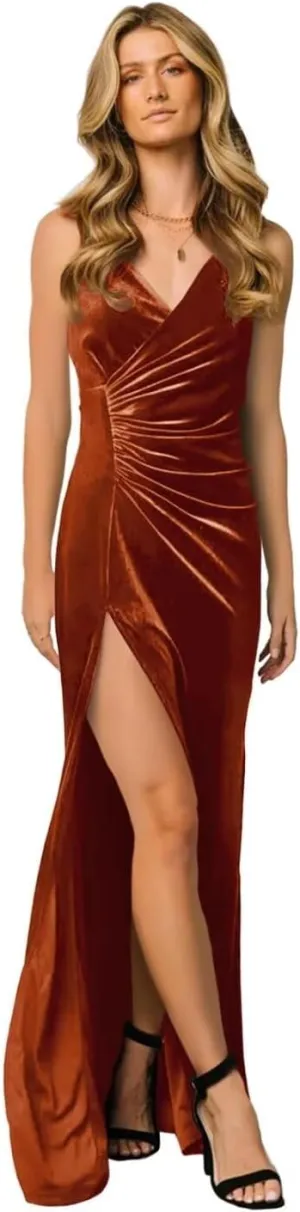 UZN Velvet Maxi Bridesmaid Dresses Wrap Long with Slit V-Neck Spaghetti Straps Formal Party Gowns