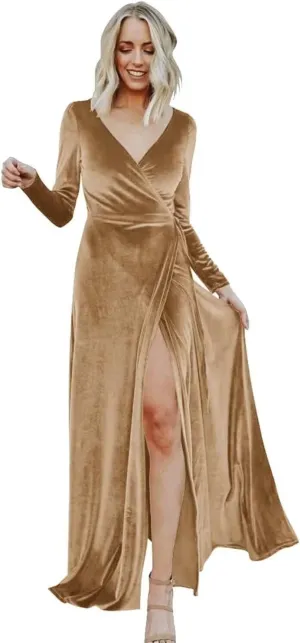 UZN Women's Long Sleeve V-Neck Bridesmaid Dresses with Slit Maxi Velvet for Wedding Formal Party Gowns