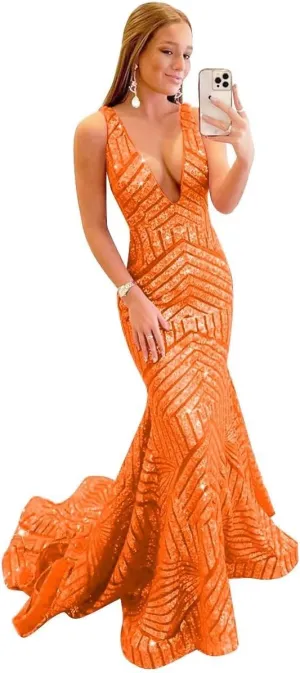 V Neck Sequin Prom Dresses 2025 Sparkly Mermaid Formal Evening Gown for Women