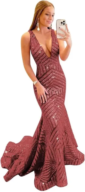 V Neck Sequin Prom Dresses 2025 Sparkly Mermaid Formal Evening Gown for Women