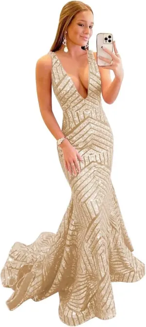 V Neck Sequin Prom Dresses 2025 Sparkly Mermaid Formal Evening Gown for Women