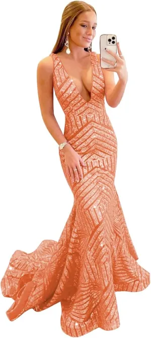 V Neck Sequin Prom Dresses 2025 Sparkly Mermaid Formal Evening Gown for Women